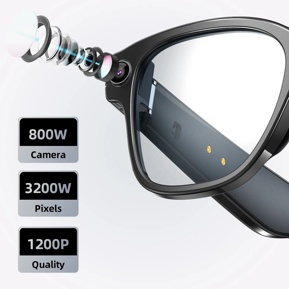 AI smart glasses for taking photos, recording videos, listening to music, voice assistant for translation, touch sensitive.