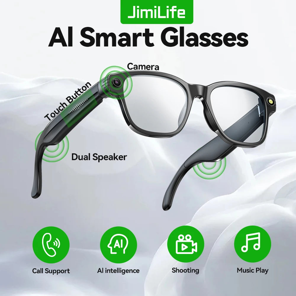 AI smart glasses for taking photos, recording videos, listening to music, voice assistant for translation, touch sensitive.
