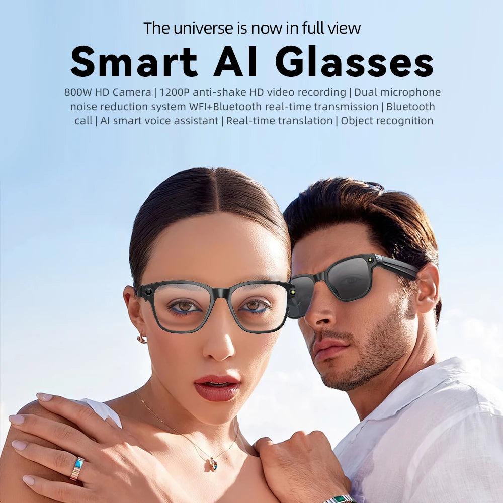 AI smart glasses for taking photos, recording videos, listening to music, voice assistant for translation, touch sensitive.